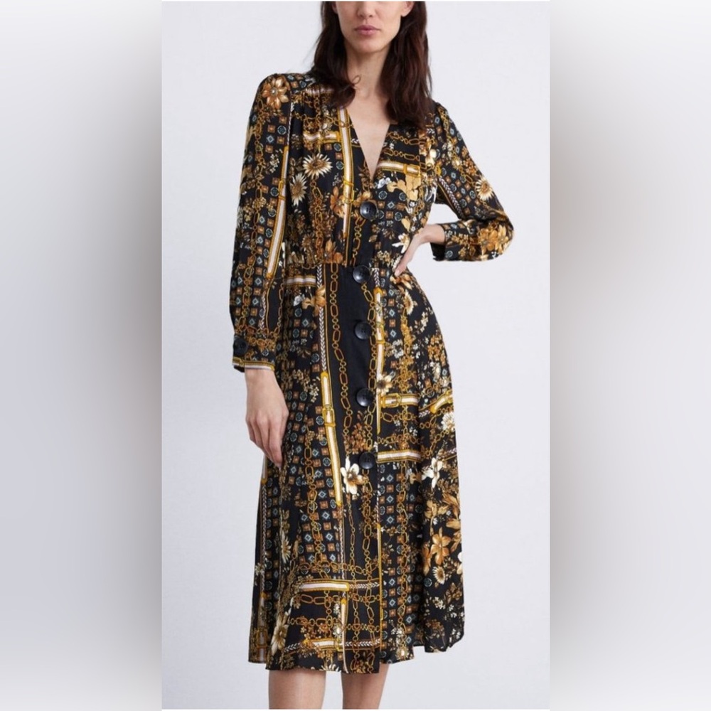 SOLD-Zara Baroque Chain Print Satin Midi Dress Size L